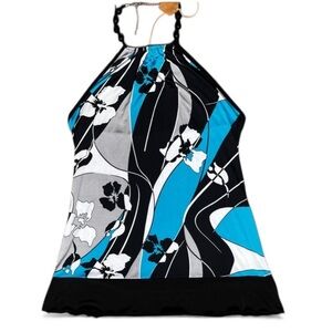Floral Halter Top in Black, Blue, and White M